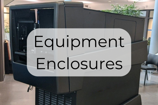 Text reading "Equipment Enclosures" over a background of a projector
